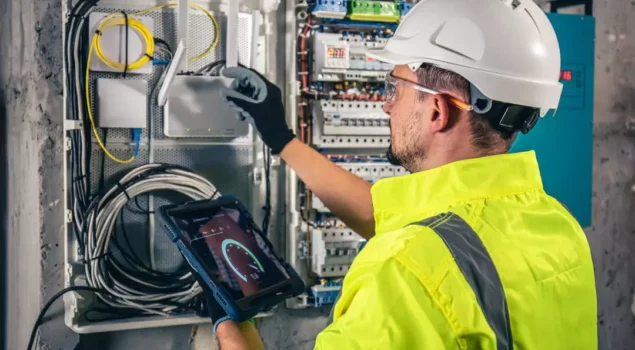 Profissional trabalhando em um aterramento elétrico.