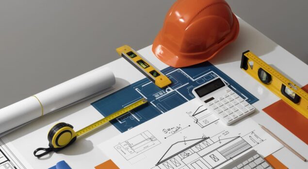 Mesa com materiais de trabalho e um desenho de uma construção.