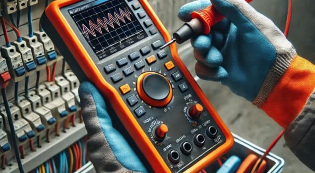A imagem mostra um técnico segurando um dispositivo de medição eletrônica, que parece ser um osciloscópio ou multímetro digital, utilizado para verificar a qualidade da energia em um sistema elétrico. O técnico está vestindo luvas de segurança e roupas de trabalho adequadas. O visor do aparelho exibe um gráfico de ondas, que provavelmente está monitorando a tensão ou corrente de um circuito. Ao fundo, há uma caixa de disjuntores com diversos fios conectados, sugerindo que o profissional está realizando manutenção ou análise de um sistema elétrico.