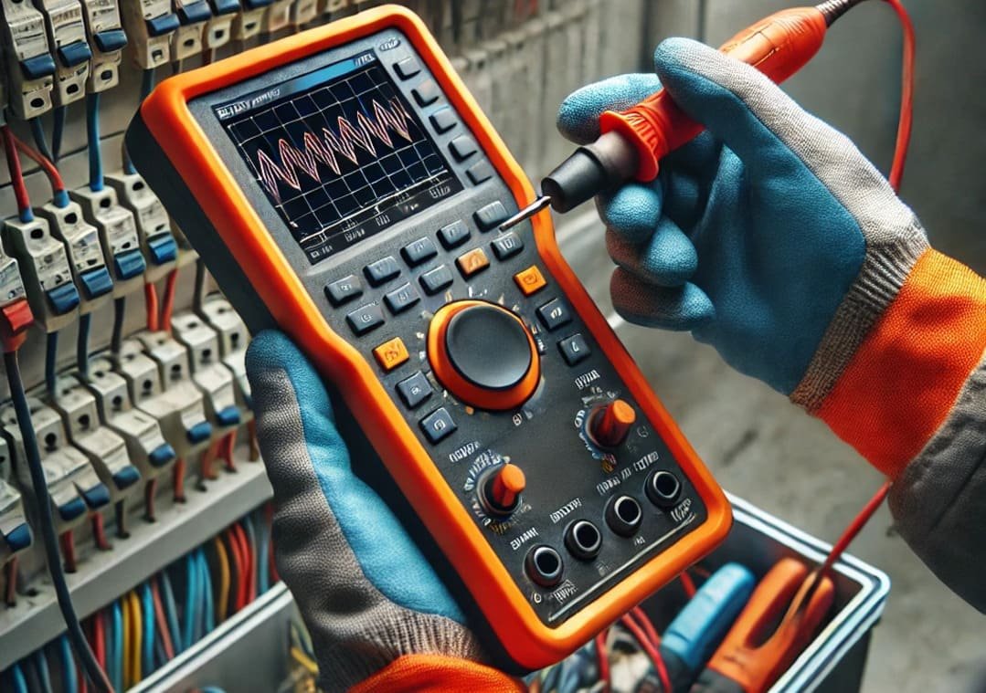 A imagem mostra um técnico segurando um dispositivo de medição eletrônica, que parece ser um osciloscópio ou multímetro digital, utilizado para verificar a qualidade da energia em um sistema elétrico. O técnico está vestindo luvas de segurança e roupas de trabalho adequadas. O visor do aparelho exibe um gráfico de ondas, que provavelmente está monitorando a tensão ou corrente de um circuito. Ao fundo, há uma caixa de disjuntores com diversos fios conectados, sugerindo que o profissional está realizando manutenção ou análise de um sistema elétrico.