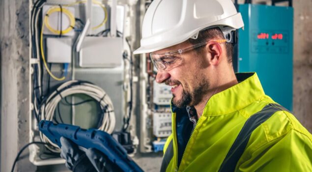 Técnico de energia usando tablet para inspecionar um painel elétrico, vestindo EPI completo, incluindo capacete, óculos de proteção e jaqueta refletiva.