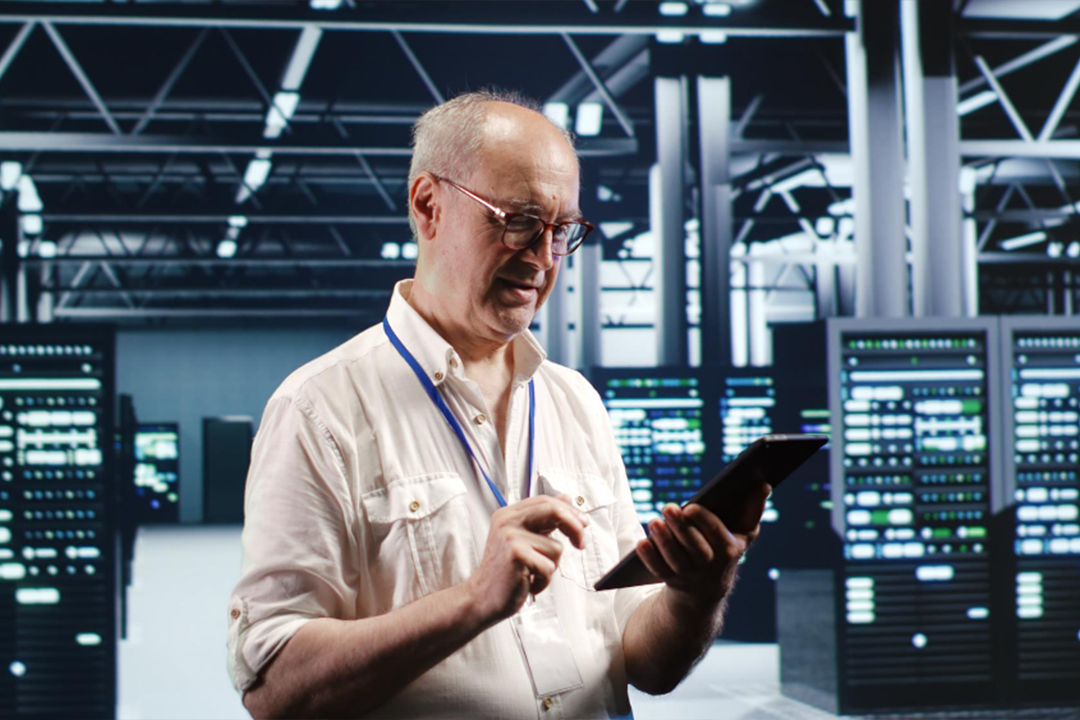 Profissional técnico analisa dados em um tablet dentro de um data center, com servidores ao fundo.
