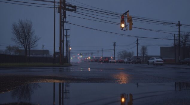 Rua urbana durante chuva intensa com semáforo e carros em baixa visibilidade, cenário comum de apagões de energia causados por falhas na rede elétrica.