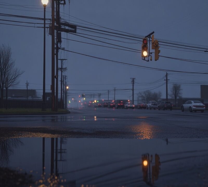 Rua urbana durante chuva intensa com semáforo e carros em baixa visibilidade, cenário comum de apagões de energia causados por falhas na rede elétrica.