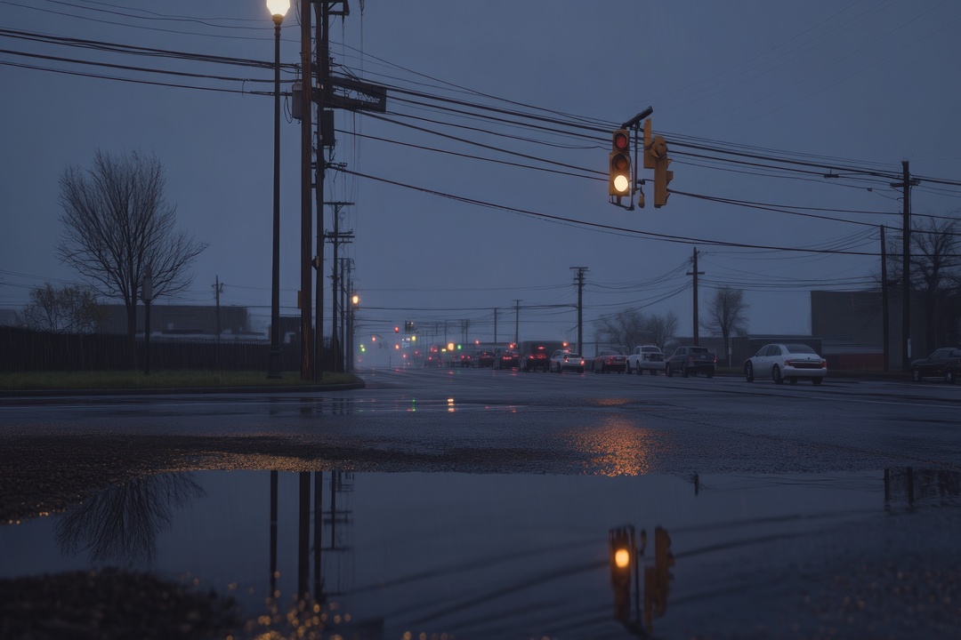 Rua urbana durante chuva intensa com semáforo e carros em baixa visibilidade, cenário comum de apagões de energia causados por falhas na rede elétrica.