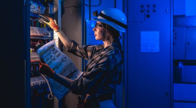 Engenheira elétrica analisando painel de controle e projeto técnico, representando a gestão de energia para operações críticas e a importância do planejamento elétrico para evitar falhas.