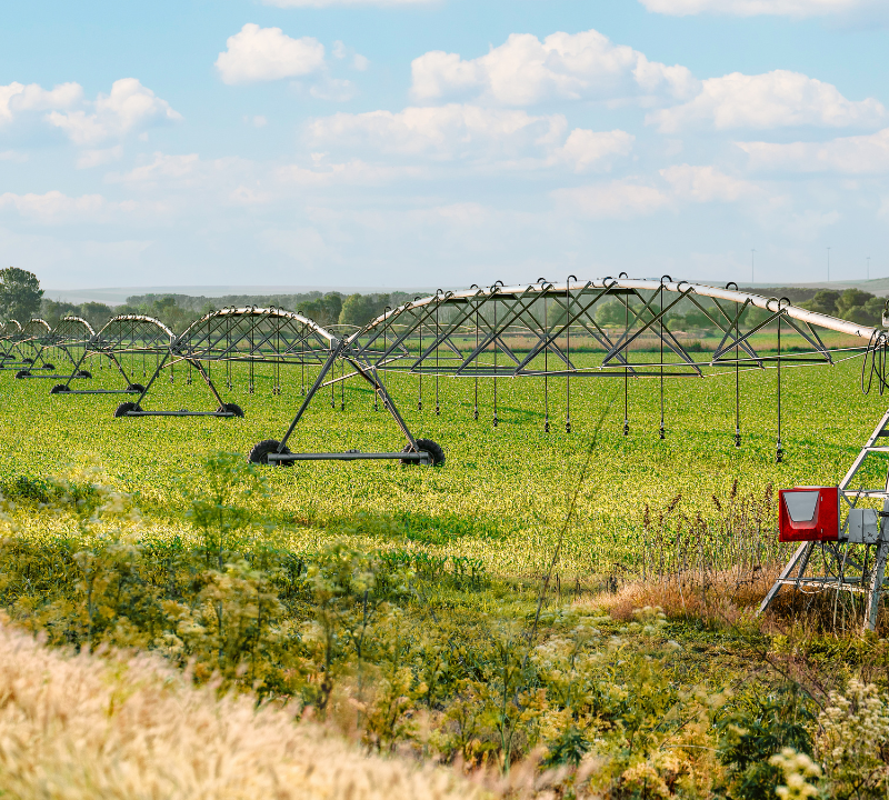 Sistema de irrigação por pivô central em plantação verde sob céu com nuvens.