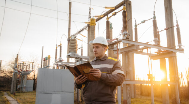 Técnico de engenharia elétrica inspecionando equipamentos de subestação industrial para prevenir falhas energéticas e linha de produção parada.