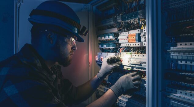Técnico realiza manutenção em painel elétrico utilizando equipamentos de proteção individual e ferramentas de medição.